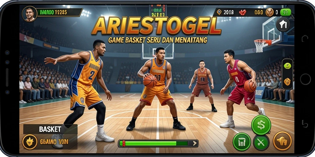 Screenshot antarmuka game Basket ARIESTOGEL yang menarik.