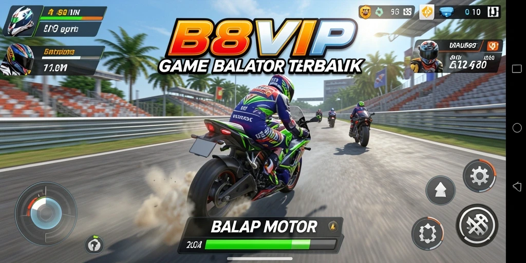 Tampilan antarmuka B8VIP dengan pilihan motor dan trek balap.