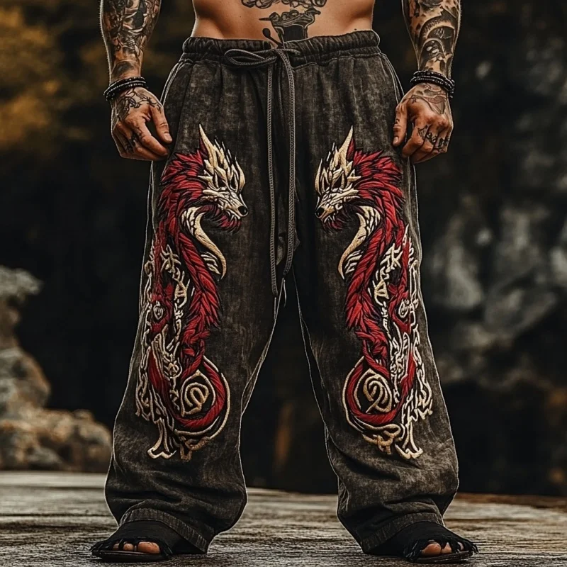Men's Viking retro Nordic mysterious totem 3D printed casual pants drawstring straight leg pants summer beach pants - Image 4