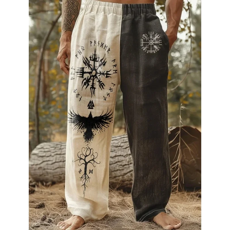 Men's Viking retro Nordic mysterious totem 3D printed casual pants drawstring straight leg pants summer beach pants