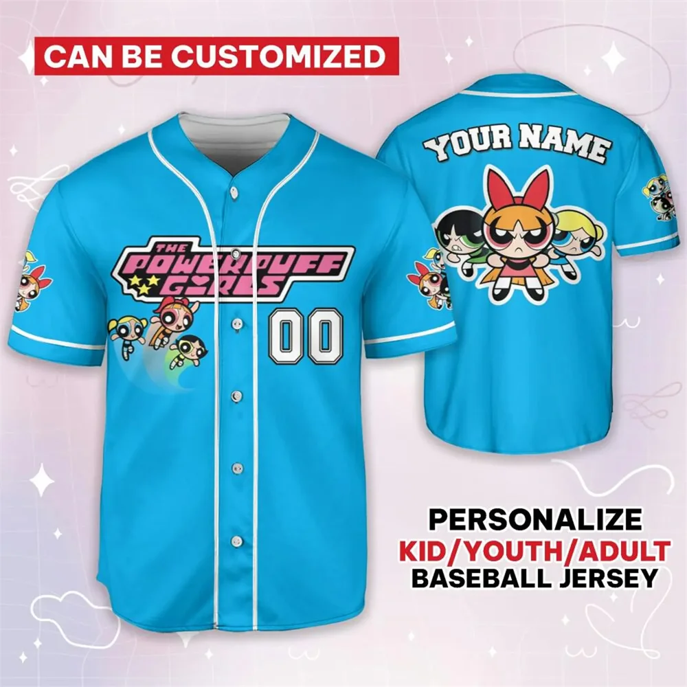 Personalized Powerpuff Girls Bubble Baseball Jersey Disney Flying Sports Baseball Jersey Boys and Girls Short Sleeve - Image 3