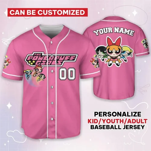 Personalized Powerpuff Girls Bubble Baseball Jersey Disney Flying Sports Baseball Jersey Boys and Girls Short Sleeve