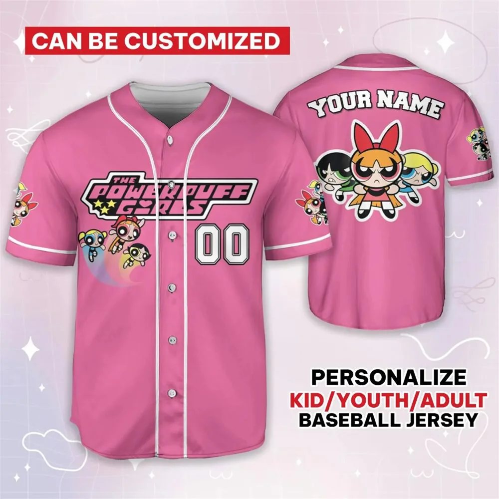 Personalized Powerpuff Girls Bubble Baseball Jersey Disney Flying Sports Baseball Jersey Boys and Girls Short Sleeve