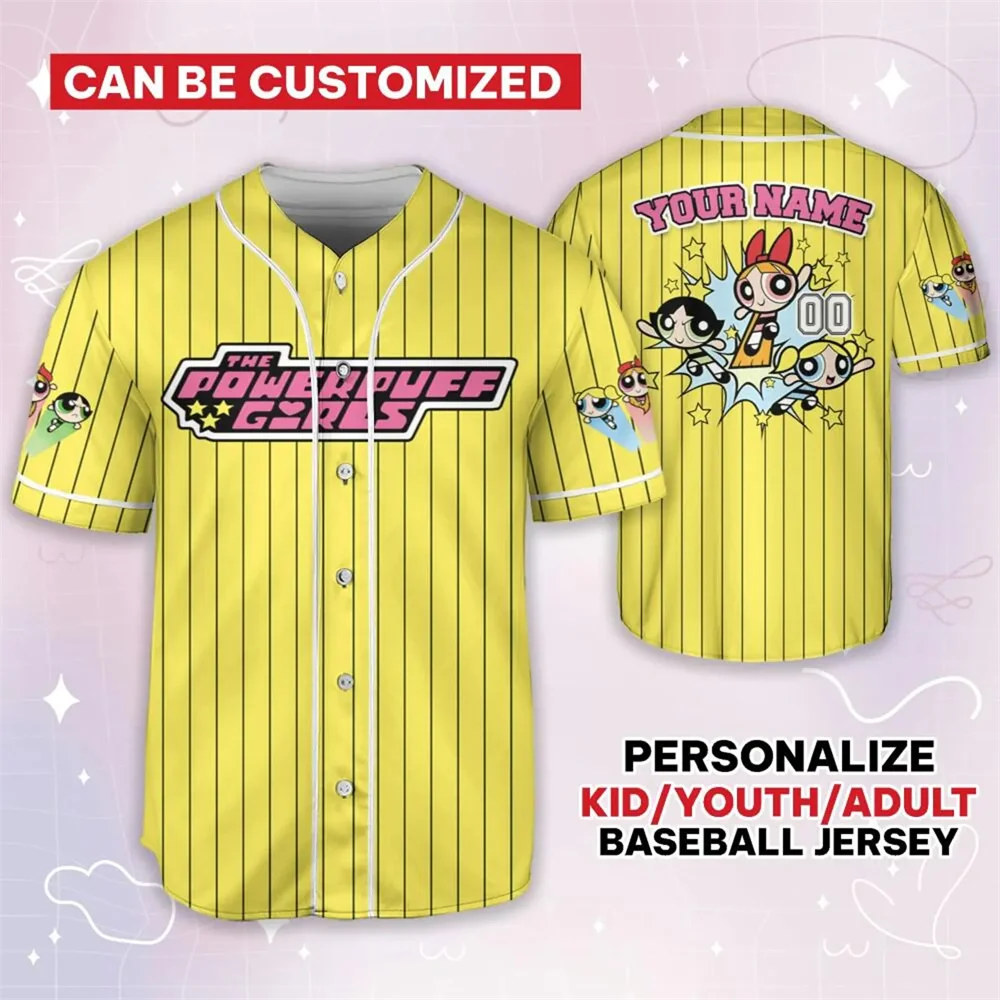 Personalized Powerpuff Girls Bubble Baseball Jersey Disney Flying Sports Baseball Jersey Boys and Girls Short Sleeve - Image 4