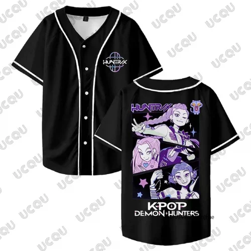 KPop Demon Hunters Huntrix Print Baseball Jersey V-Neck Short Sleeve Shirts Men Women Casual Streetwear Sports Button Up Tops