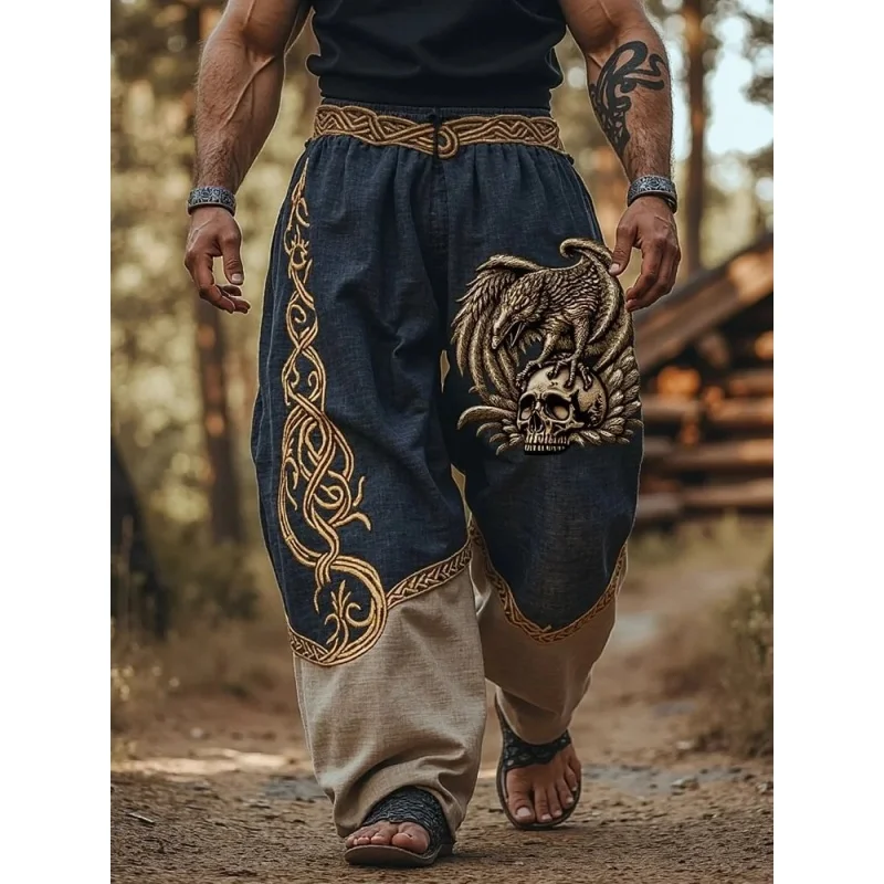 Men's Viking retro Nordic mysterious totem 3D printed casual pants drawstring straight leg pants summer beach pants - Image 2
