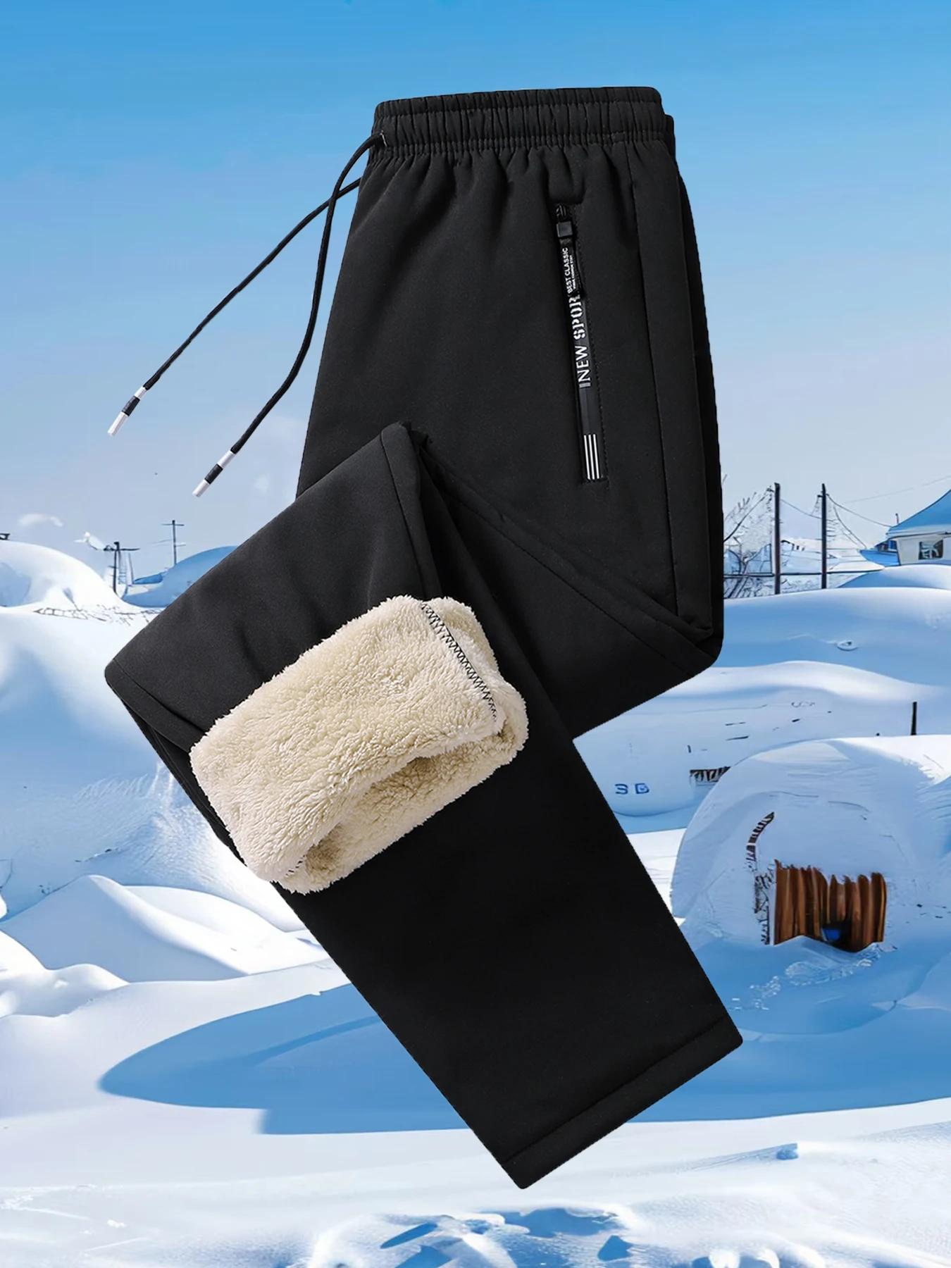 Men's lined thermal pants, non-stretch solid color, straight leg style, woven fabric, suitable for hiking, skiing, cycling, fish