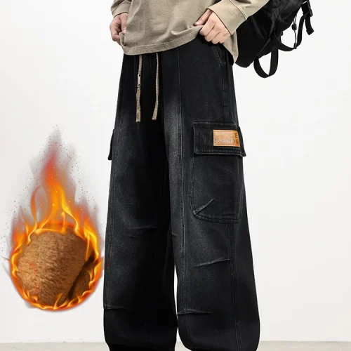 Men's Winter Fleece Cargo Jeans with 5 Pockets Wide Leg Straight Baggy Jeans Brushed Warm Denim Pants Asian Size L-6XL