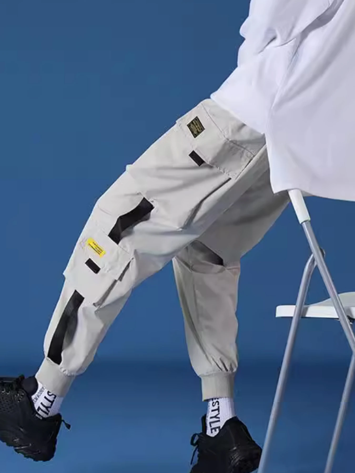 Men's Cargo Pants Casual Hip Hop Hit Color Multiple Pockets Trousers Streetwear Ribbons Techwear Sweatpants