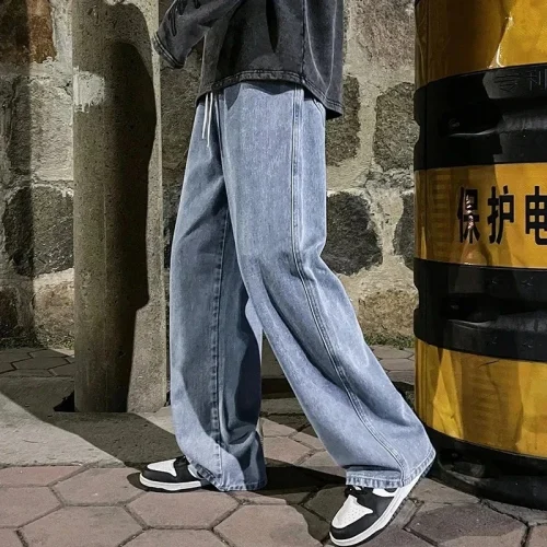 Men's Vintage Baggy Denim Trousers 2025 New Streetwear Wide Leg Loose Denim Pants Fashion Distressed Straight Pants