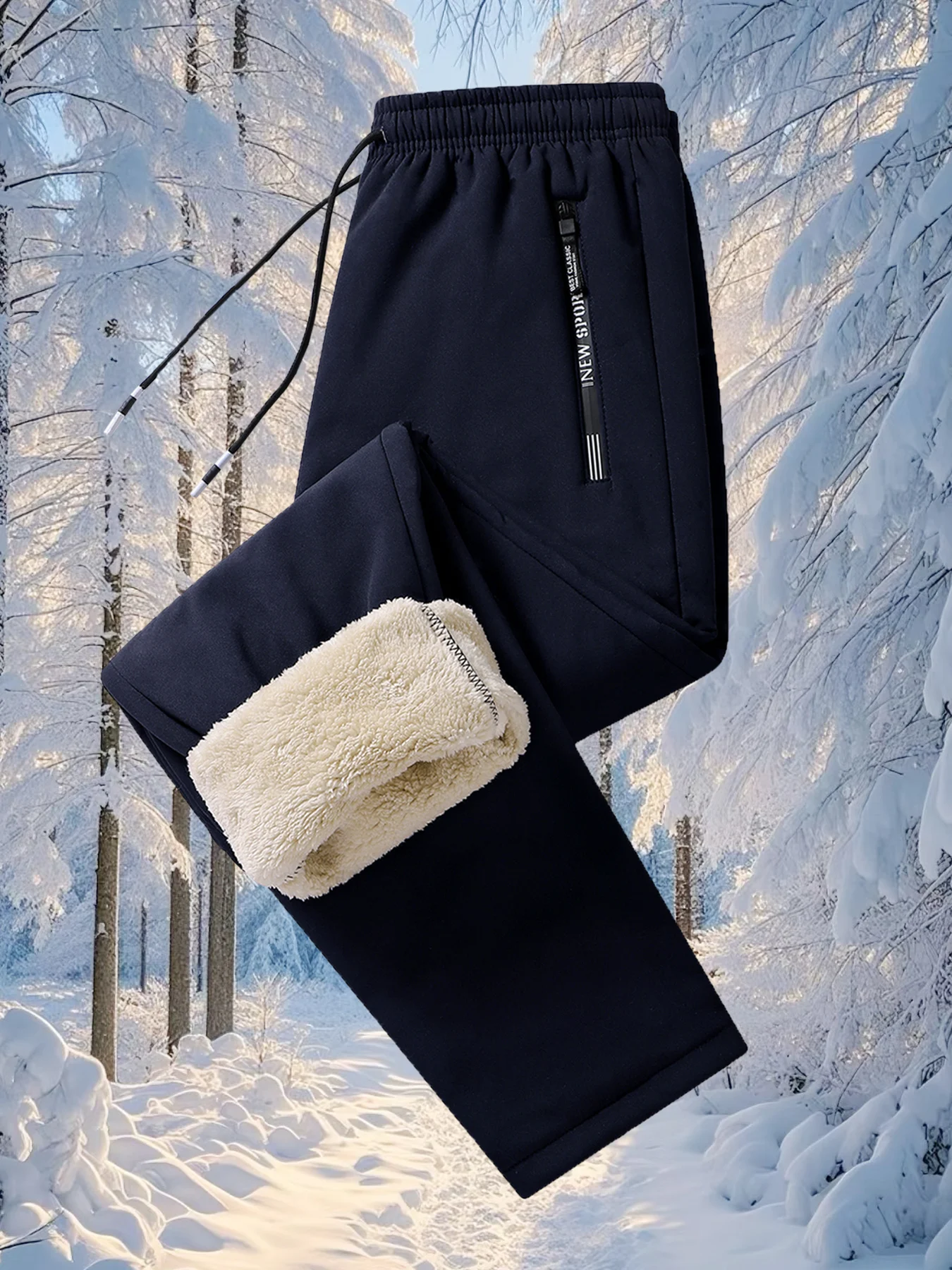 Men's lined thermal pants, non-stretch solid color, straight leg style, woven fabric, suitable for hiking, skiing, cycling, fish - Image 2