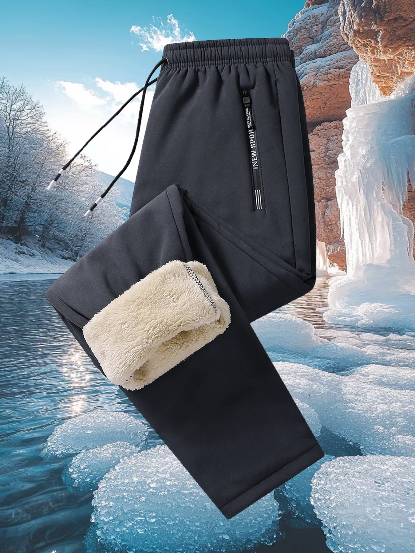 Men's lined thermal pants, non-stretch solid color, straight leg style, woven fabric, suitable for hiking, skiing, cycling, fish - Image 3