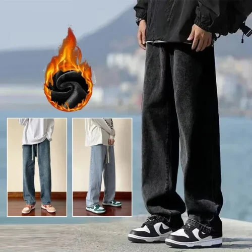 Men Autumn Winter Warm Casual Jeans Male Fleece Lined Thickened Denim Pants Elastic Waistband Loose Straight Trousers