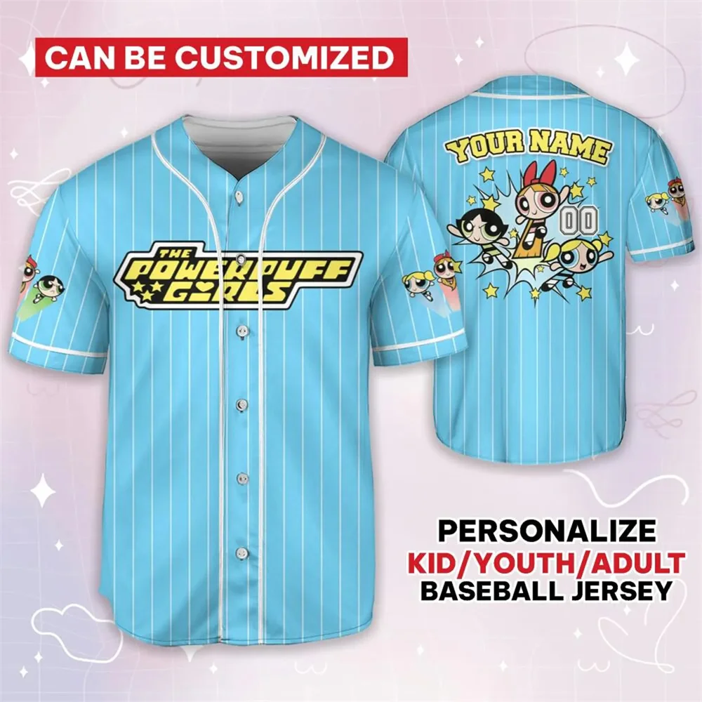 Personalized Powerpuff Girls Bubble Baseball Jersey Disney Flying Sports Baseball Jersey Boys and Girls Short Sleeve - Image 5