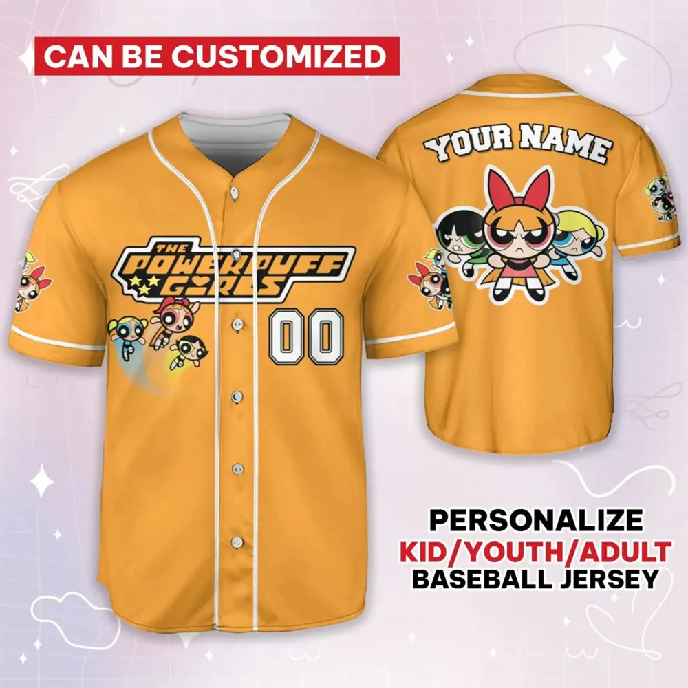 Personalized Powerpuff Girls Bubble Baseball Jersey Disney Flying Sports Baseball Jersey Boys and Girls Short Sleeve - Image 6