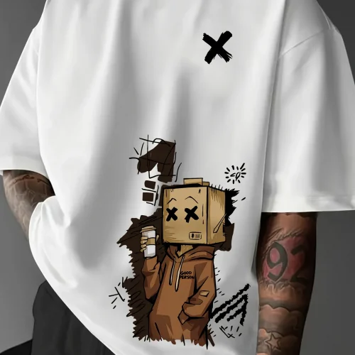 Men's 100% pure cotton fashionable casual sports loose trendy doll graffiti printed round neck short sleeved T-shirt top