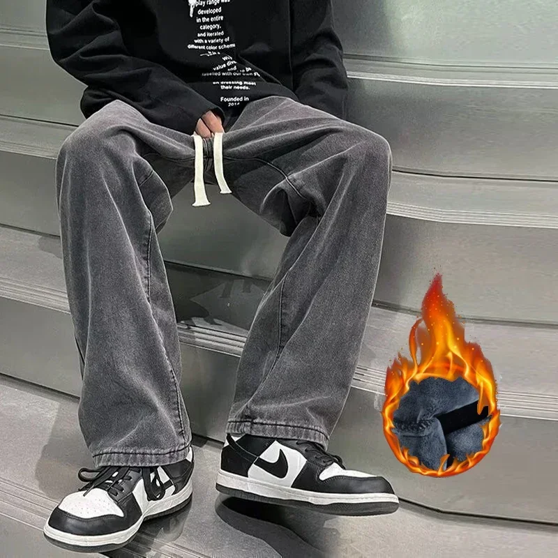Men Autumn Winter Warm Casual Jeans Male Fleece Lined Thickened Denim Pants Elastic Waistband Loose Straight Trousers - Image 3
