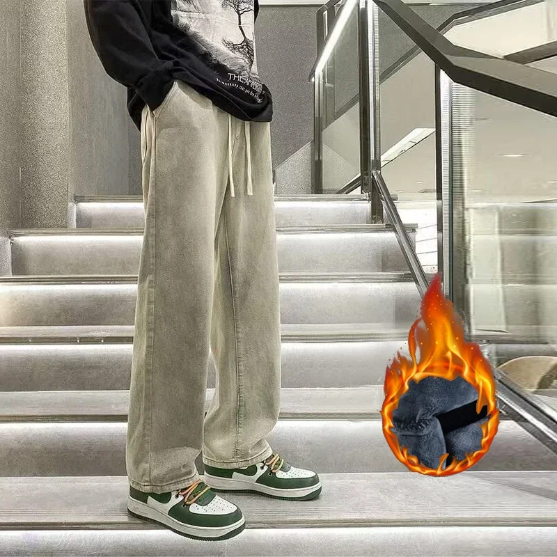 Men Autumn Winter Warm Casual Jeans Male Fleece Lined Thickened Denim Pants Elastic Waistband Loose Straight Trousers - Image 2